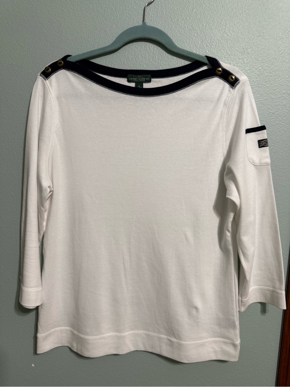 Lauren Ralph Lauren White Cotton Boatneck Top with Navy Trim and Gold Buttons